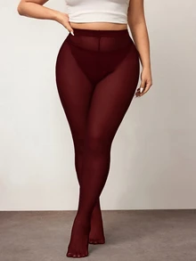 Enliva 大码女士纯色连裤袜性感透视高弹力打底裤 - 酒紅色 - 查看 4