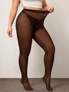 Enliva Plus Size Women's Solid Color Pantyhose Sexy Sheer High Stretch Tights, For Apple And Rounded Body Shape - Brown - View 7