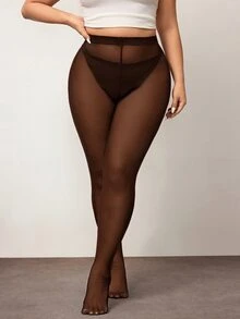Enliva Plus Size Women's Solid Color Pantyhose Sexy Sheer High Stretch Tights, For Apple And Rounded Body Shape - Brown - View 5