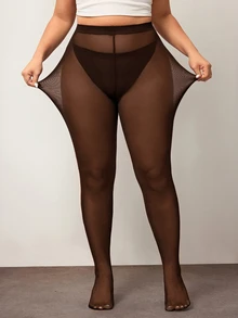 Enliva Plus Size Women's Solid Color Pantyhose Sexy Sheer High Stretch Tights, For Apple And Rounded Body Shape - Brown - View 6