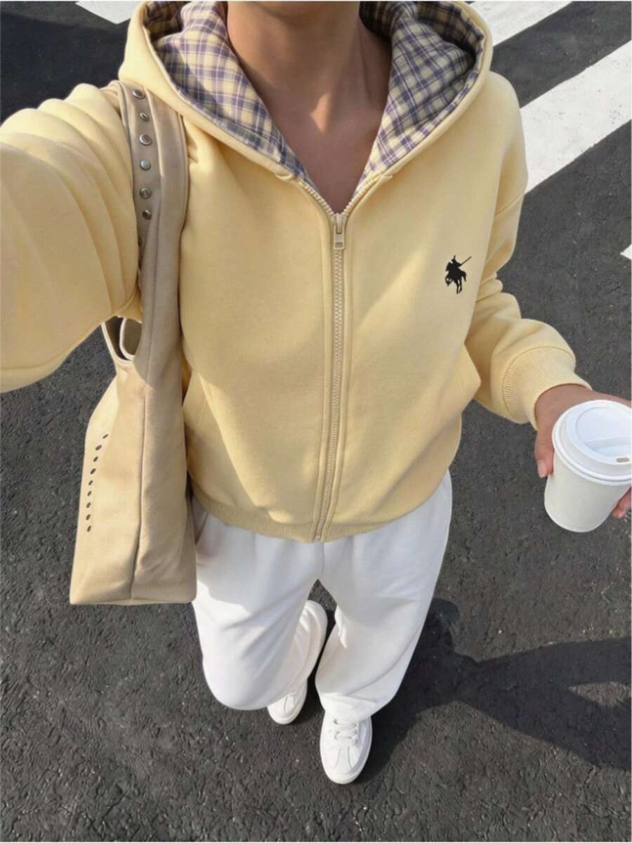 Tween Girls Yellow Colorblock Plaid Hooded Long Sleeve Zip Up Jacket, Autumn/Winter, Back To School, Daily Outdoor Commute Essential, Fall Clothes - Yellow - View 1