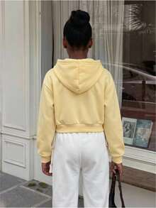 Tween Girls Yellow Colorblock Plaid Hooded Long Sleeve Zip Up Jacket, Autumn/Winter, Back To School, Daily Outdoor Commute Essential, Fall Clothes - Yellow - View 3