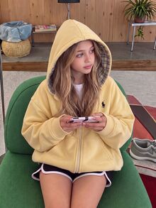 Tween Girls Yellow Colorblock Plaid Hooded Long Sleeve Zip Up Jacket, Autumn/Winter, Back To School, Daily Outdoor Commute Essential, Fall Clothes - Yellow - View 2