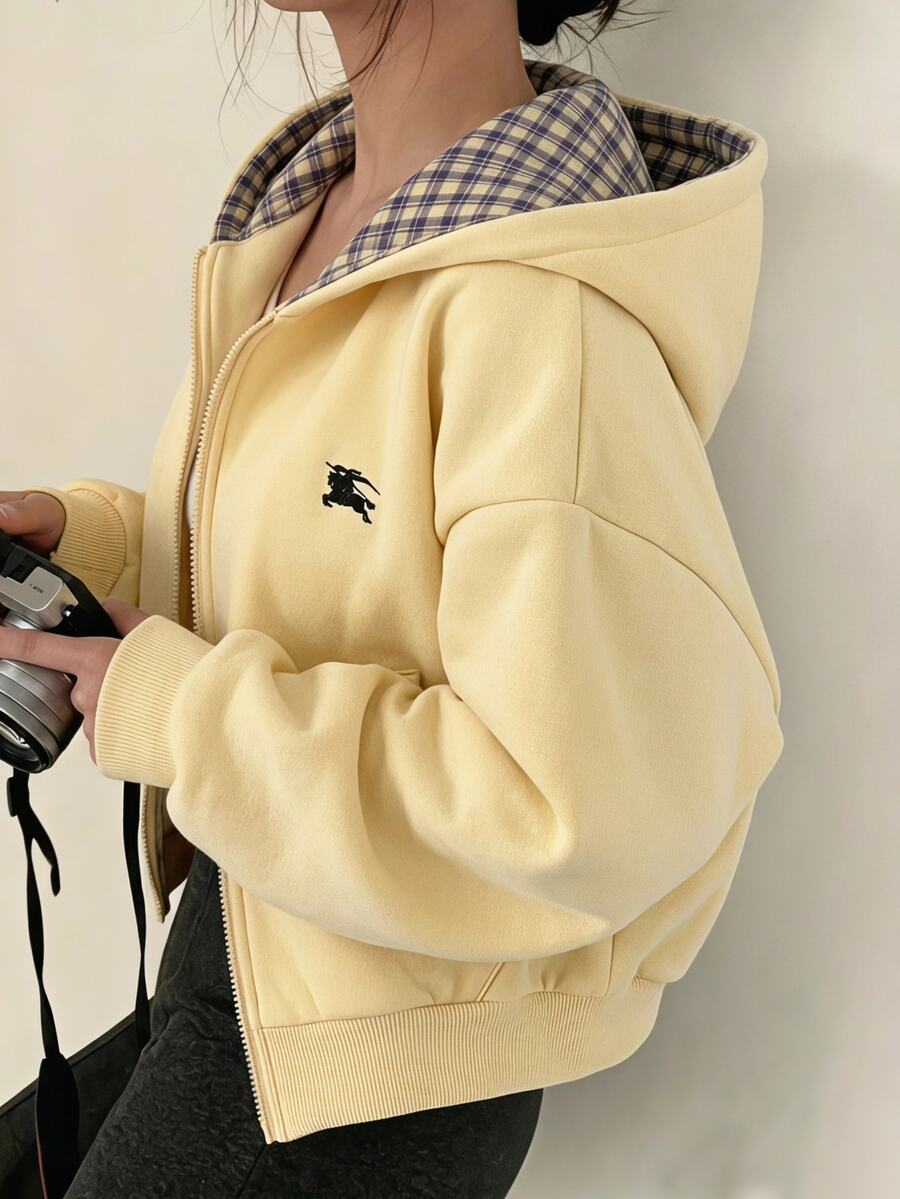 青少年女孩黃色拼色格紋抓絨連帽長袖拉鍊外套,秋冬開學季日常戶外通勤必備 - 黃色 - 查看 1