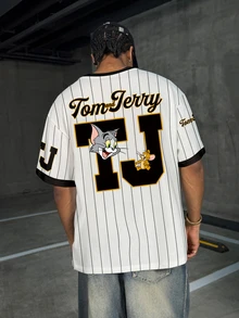 TOM & JERRY X SHEIN Men Striped & Cartoon Letter Graphic Ringer Tee - White - View 4