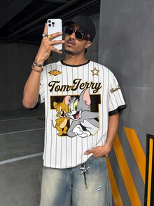 TOM & JERRY X SHEIN Men Striped & Cartoon Letter Graphic Ringer Tee - White - View 3