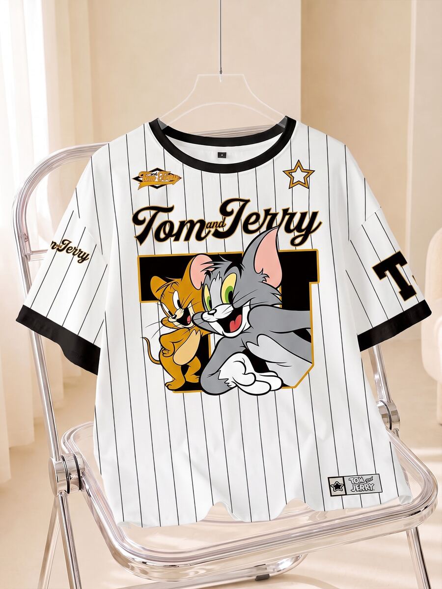TOM & JERRY X SHEIN Men Striped & Cartoon Letter Graphic Ringer Tee - White - View 1