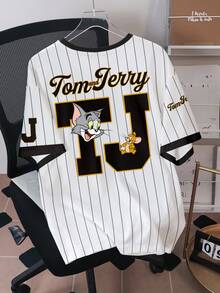 TOM & JERRY X SHEIN Men Striped & Cartoon Letter Graphic Ringer Tee - White - View 2