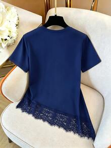 GlowEve Women's Fashion Lace Patchwork Asymmetrical Hem T-Shirt - Royal Blue - View 2