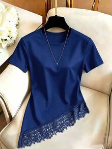 GlowEve Women's Fashion Lace Patchwork Asymmetrical Hem T-Shirt - Royal Blue - View 1