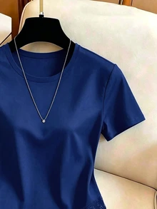 GlowEve Women's Fashion Lace Patchwork Asymmetrical Hem T-Shirt - Royal Blue - View 3