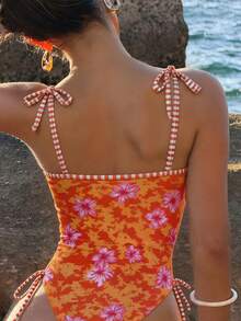Bonvoyette Swim Mod-D 女士波点随机印花细肩带系带连体泳衣，春夏款 - 彩色 - 查看 2