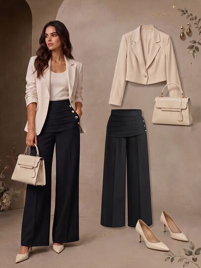 Anewsta Spring/Autumn Elegant High Waist Pleated Waistband Side Button Straight Leg Black Trousers For Women, Suitable For Commute, Daily And Date