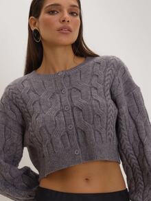 MUSEYN Grey Cable Knit Cardigan Versatile Everyday Casual Fall - Grey - View 5