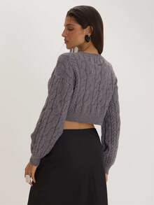 MUSEYN Grey Cable Knit Cardigan Versatile Everyday Casual Fall - Grey - View 4