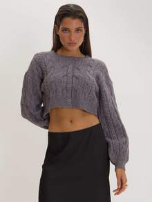 MUSEYN Grey Cable Knit Cardigan Versatile Everyday Casual Fall - Grey - View 2