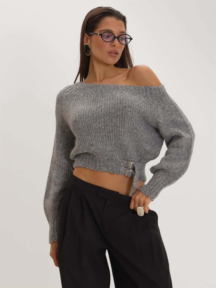 MUSEYN Grey Knit Asymmetric Neckline Buckle Detail Top Versatile Everyday Casual Fall - Grey - View 1