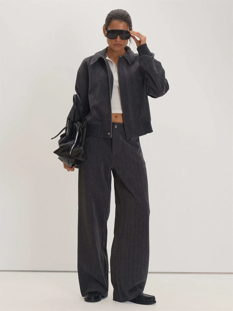 MUSEYN Grey Straight Leg Trousers Versatile Everyday Casual Fall - Dark Grey - View 1