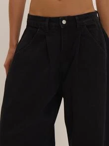 MUSEYN Celana Jeans Denim Hitam Model Balon Pinggang Rendah Serbaguna untuk Sehari-hari, Kasual, Musim Gugur - Hitam - View 5