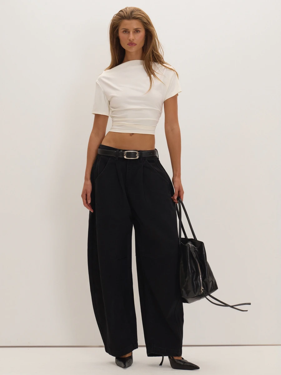 MUSEYN Celana Jeans Denim Hitam Model Balon Pinggang Rendah Serbaguna untuk Sehari-hari, Kasual, Musim Gugur - Hitam - View 1