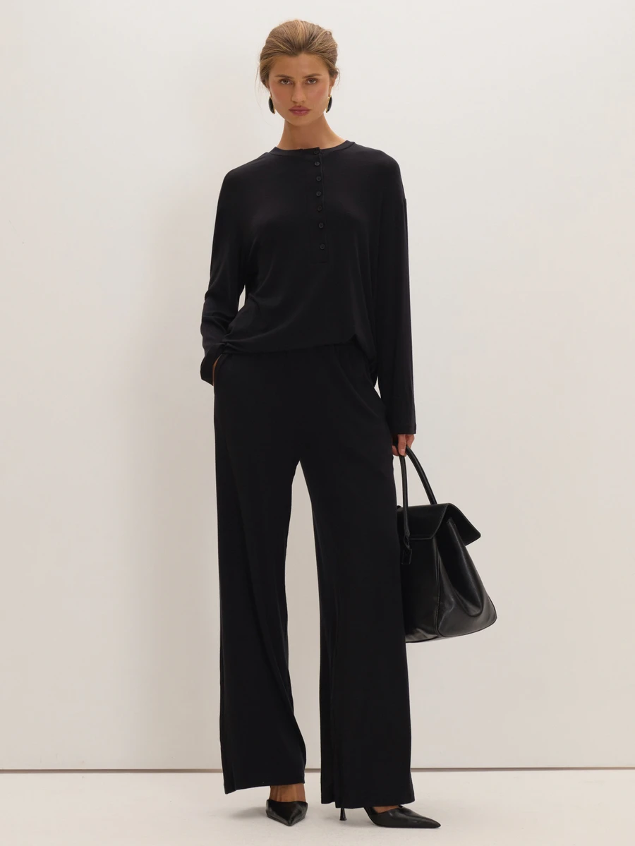 MUSEYN Black Jersey Elasticated Waist Wide Leg Pants Versatile Everyday Casual Fall - Black - View 1