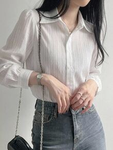 DAZY Women's Pleated Solid Color Lapel Loose Fit Shirt, Black, Spring/Autumn - White - View 5