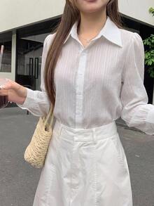 DAZY Women's Pleated Solid Color Lapel Loose Fit Shirt, Black, Spring/Autumn - White - View 6