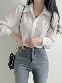 DAZY Women's Pleated Solid Color Lapel Loose Fit Shirt, Black, Spring/Autumn - White - View 4