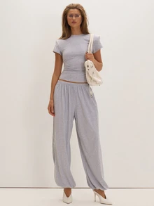 MUSEYN Grey Marl Jersey Shoulder Pad Cinched Top Basics Versatile Everyday Casual Fall - Light Grey - View 2