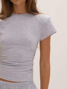MUSEYN Grey Marl Jersey Shoulder Pad Cinched Top Basics Versatile Everyday Casual Fall - Light Grey - View 5