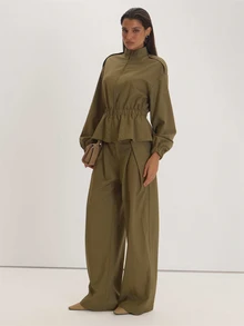 MUSEYN Khaki Low Waist Pleated Front Wide Leg Trousers Versatile Everyday Casual Fall - Brown - View 1