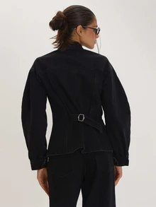 MUSEYN Black Denim High Neck Cinched Jacket Versatile Everyday Casual Fall - Black - View 4