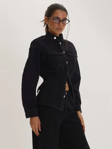 MUSEYN Black Denim High Neck Cinched Jacket Versatile Everyday Casual Fall - Black - View 3