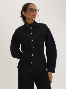 MUSEYN Black Denim High Neck Cinched Jacket Versatile Everyday Casual Fall - Black - View 1