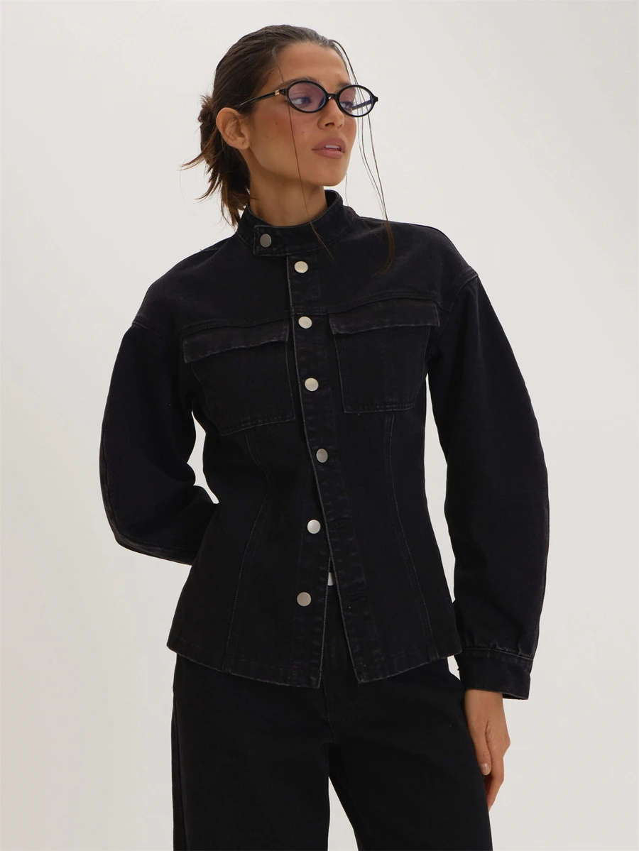 MUSEYN Black Denim High Neck Cinched Jacket Versatile Everyday Casual Fall - Black - View 1