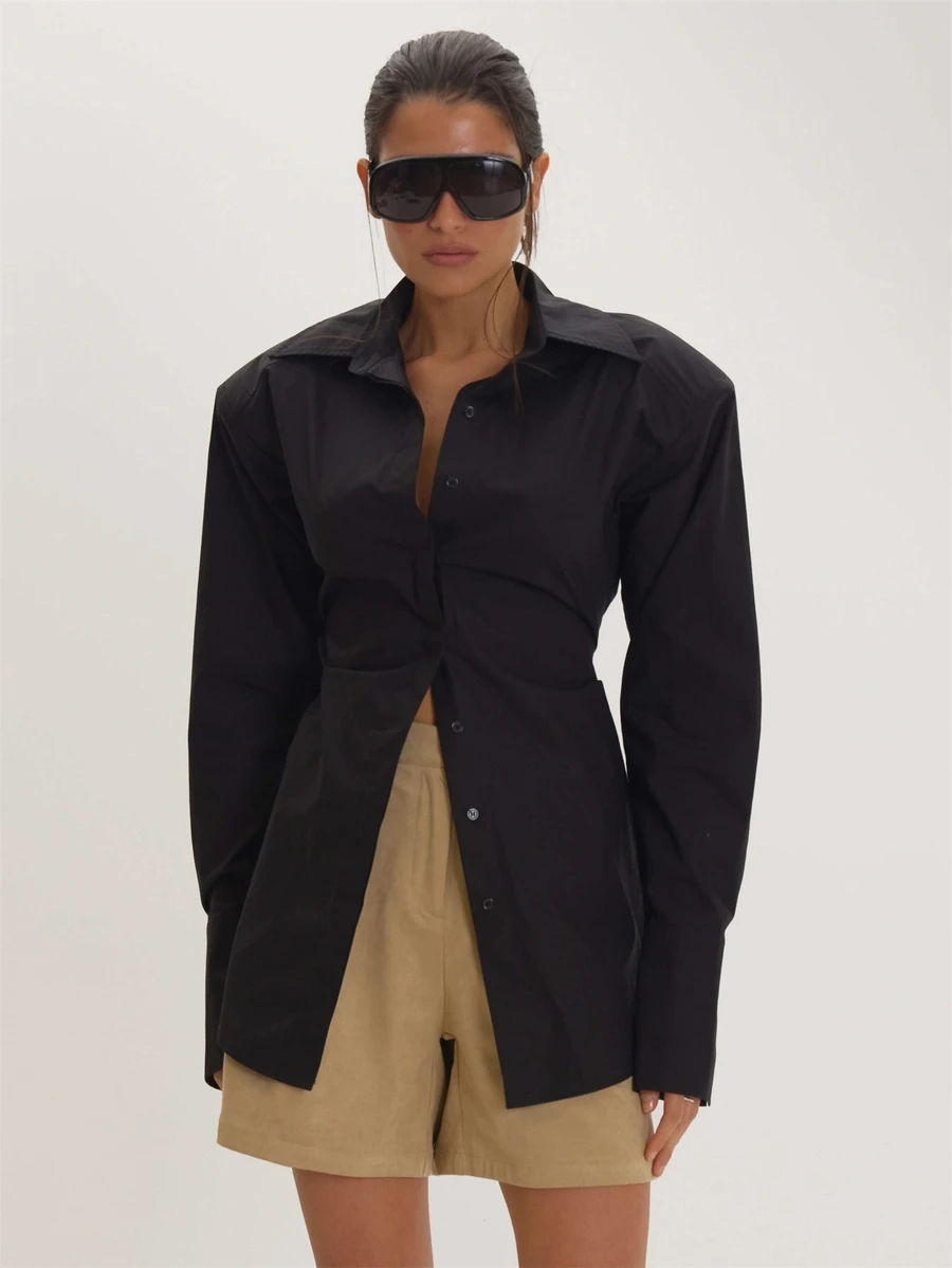 MUSEYN Black Fitted Shoulder Pad Shirts Versatile Everyday Casual Fall - Black - View 1