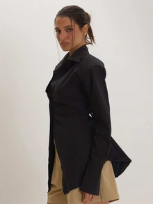 MUSEYN Black Fitted Shoulder Pad Shirts Versatile Everyday Casual Fall - Black - View 3
