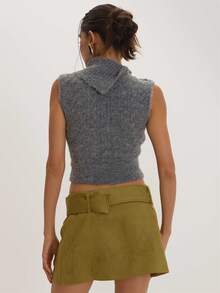 MUSEYN Grey Knit Folded Collar Sleeveless Top Versatile Everyday Casual Fall - Grey - View 4