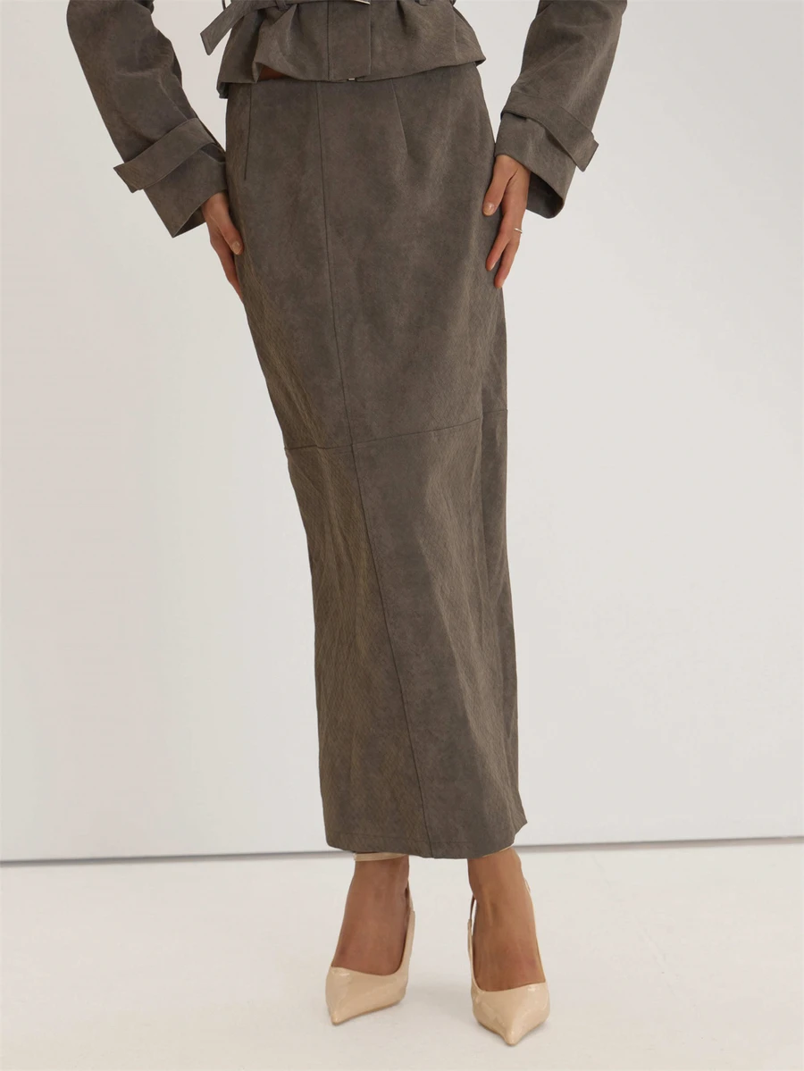 MUSEYN Grey PU Woven Detail Maxi Skirt Jacket Versatile Everyday Casual Fall - Olive Green - View 1