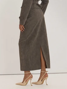 MUSEYN Grey PU Woven Detail Maxi Skirt Jacket Versatile Everyday Casual Fall - Olive Green - View 4