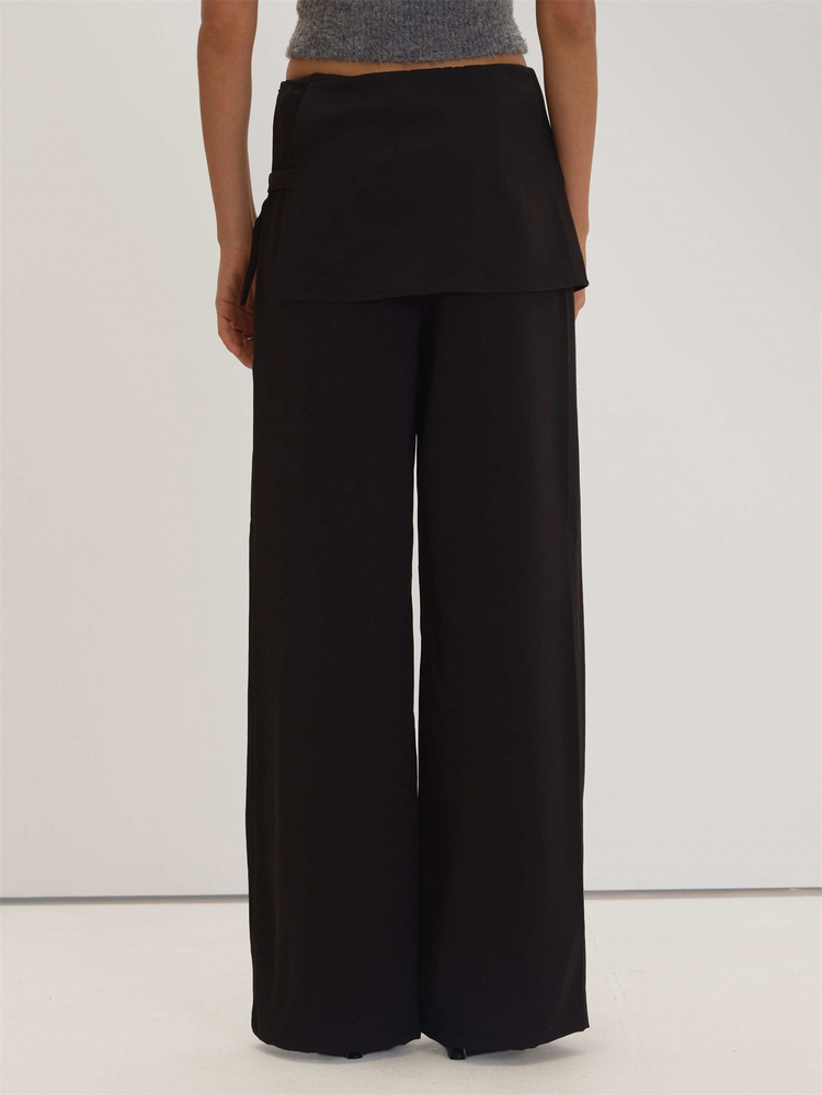 MUSEYN Black Woven Fold Over Buckle Layered Trousers Versatile Everyday Casual Fall - Black - View 4