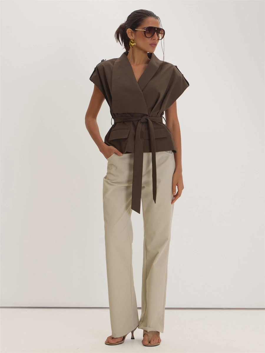 Brown Woven Structured Button Shoulder Tie Waist Tailored Top Everyday Casual Winter Elegant Halloween Commute Winter Romantic Museyn Feminina - Coffee Brown - View 1
