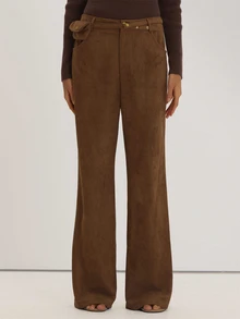 MUSEYN Brown Suede Slim Leg Belt Waistband Detail Pants Versatile Everyday Casual Fall - Camel - View 2