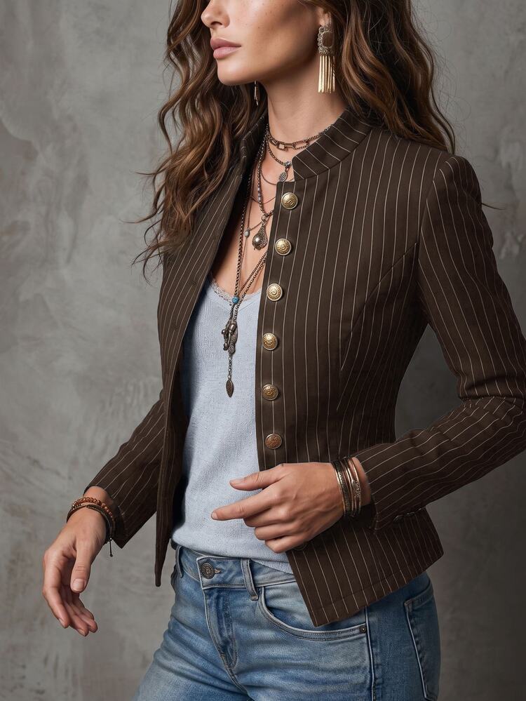 Solivie Women's Striped Metal Single-Breasted Casual Regular Fit Jacket - Coffee Brown - View 4