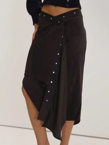 MUSEYN Black Suede Asymmetric Wrap Detail Stud Maxi Skirt Versatile Everyday Casual Fall Winter Elegant Halloween - Dark Grey - View 5