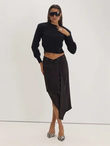 MUSEYN Black Suede Asymmetric Wrap Detail Stud Maxi Skirt Versatile Everyday Casual Fall Winter Elegant Halloween - Dark Grey - View 1