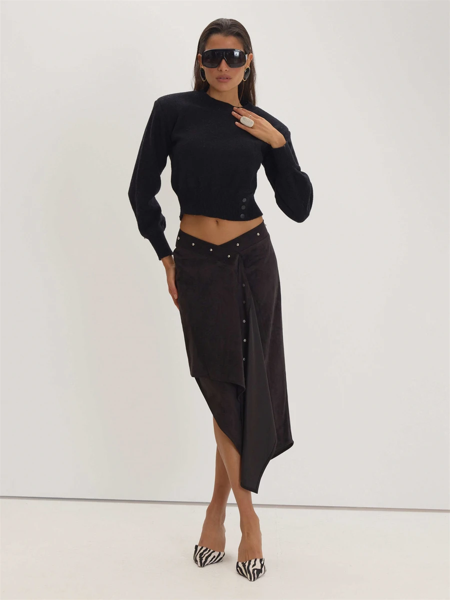 MUSEYN Black Suede Asymmetric Wrap Detail Stud Maxi Skirt Versatile Everyday Casual Fall Winter Elegant Halloween - Dark Grey - View 1