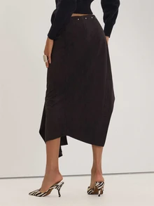MUSEYN Black Suede Asymmetric Wrap Detail Stud Maxi Skirt Versatile Everyday Casual Fall Winter Elegant Halloween - Dark Grey - View 4