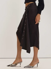 MUSEYN Black Suede Asymmetric Wrap Detail Stud Maxi Skirt Versatile Everyday Casual Fall Winter Elegant Halloween - Dark Grey - View 3