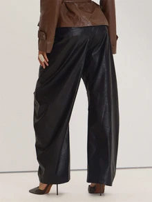 MUSEYN Black PU Barrel Leg Pants Versatile Everyday Casual Fall - Black - View 4